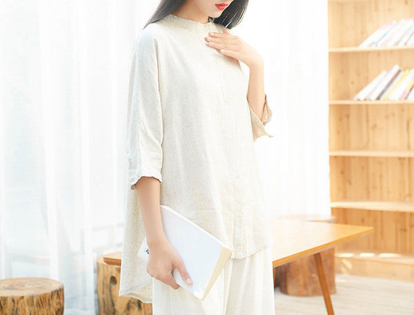 Simple Retro Style Linen and Cotton Pure Color Women Half Sleeve Linen Cardigan Blouses