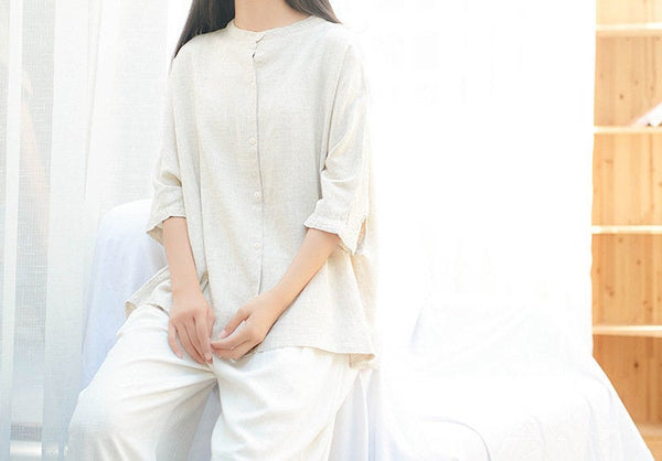 Simple Retro Style Linen and Cotton Pure Color Women Half Sleeve Linen Cardigan Blouses