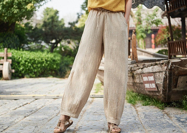 Women Linen and Cotton Retro Loose Style Women Ankle Length Trousers