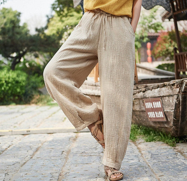 Women Linen and Cotton Retro Loose Style Women Ankle Length Trousers