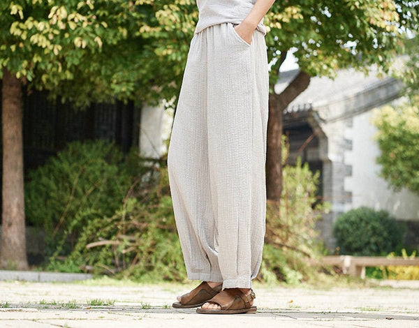 Women Linen and Cotton Retro Loose Style Women Ankle Length Trousers