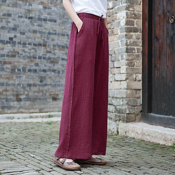 Women Retro Straight Style Linen and Cotton Ankle Length Wide Leg Opening Pants