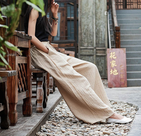 Women Retro Straight Style Linen and Cotton Ankle Length Wide Leg Opening Pants