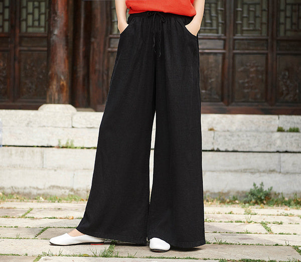 Women Retro Style Linen and Cotton Sand Washed Wide Leg Opening Pants