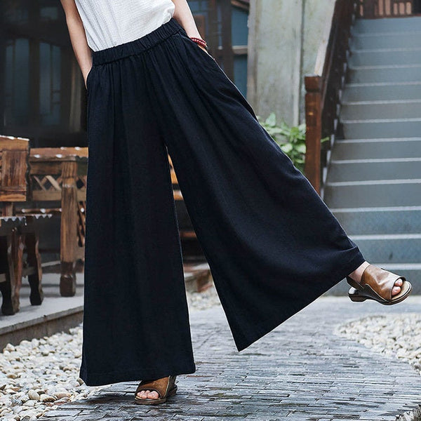 Women Linen and Cotton Sand Washed Yoga Style Wide Leg Opening Pants