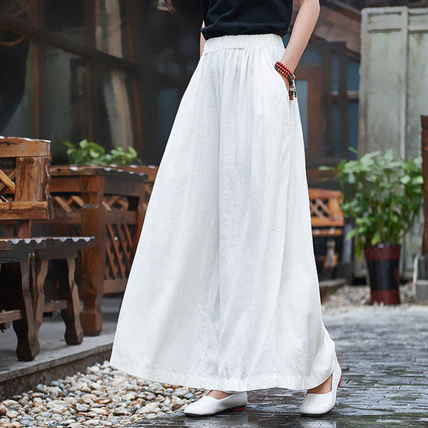 Women Linen and Cotton Sand Washed Yoga Style Wide Leg Opening Pants