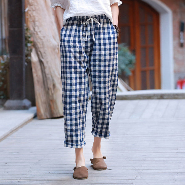 Women Linen and Cotton Casual Cropped Loose Plaid Small Leg Pants