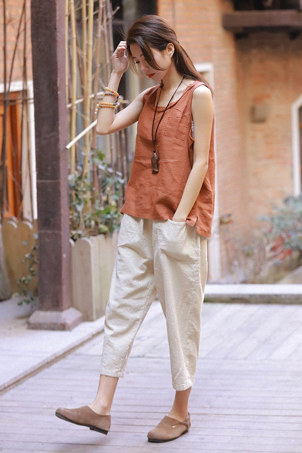 Women Linen and Cotton Casual Loose Cropped Pants