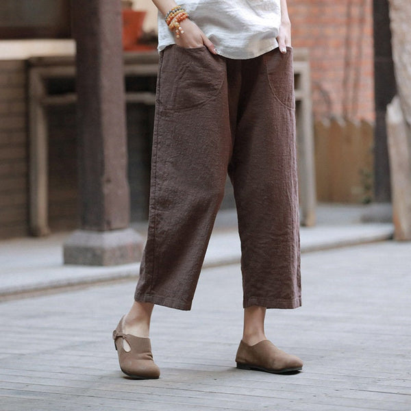 Women Linen and Cotton Casual Loose Cropped Pants