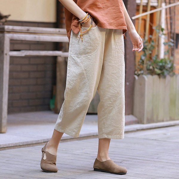 Women Linen and Cotton Casual Loose Cropped Pants