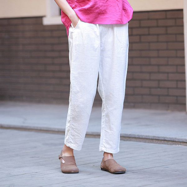 Women Water-washed Linen and Cotton Casual Cropped Pants