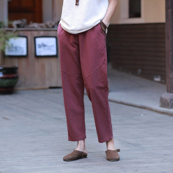 Women Water-washed Linen and Cotton Casual Straight Cropped Pants