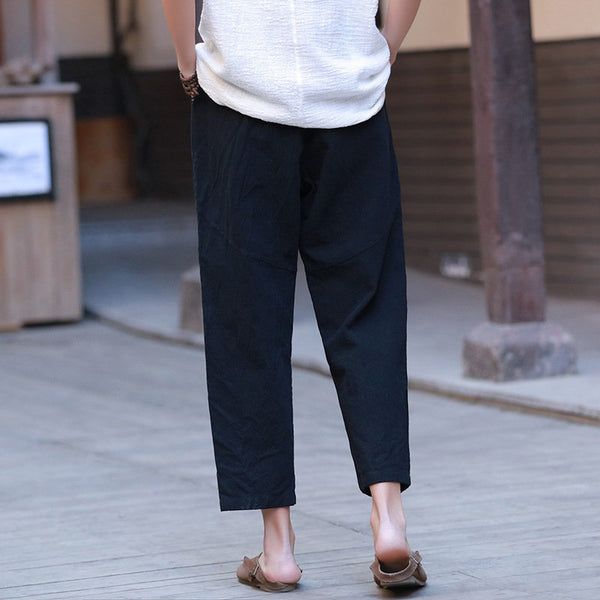 Women Water-washed Linen and Cotton Casual Straight Cropped Pants