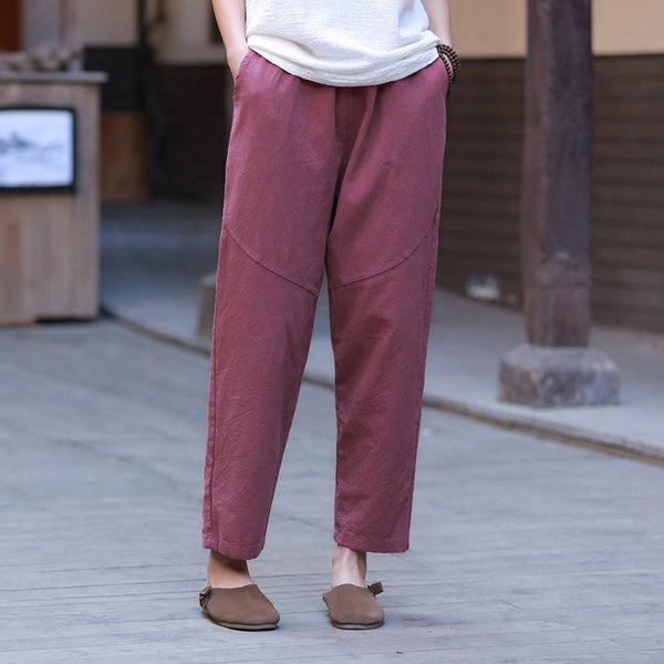 Women Water-washed Linen and Cotton Casual Straight Cropped Pants