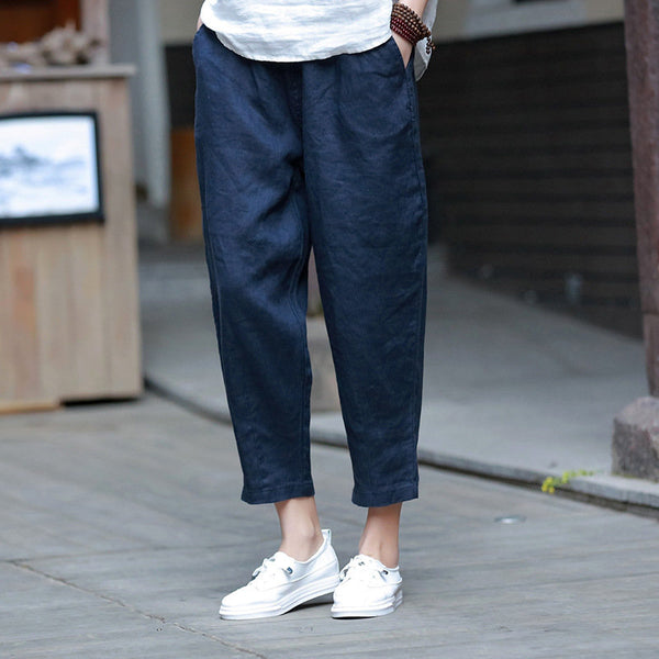 Women Linen and Cotton Casual Pure Color Cropped Peg-top Pants