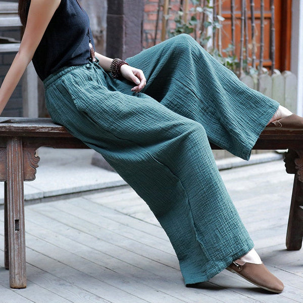 Women Linen and Cotton Wrinkle Yoga Lantern Palazzo Wide Leg Pants