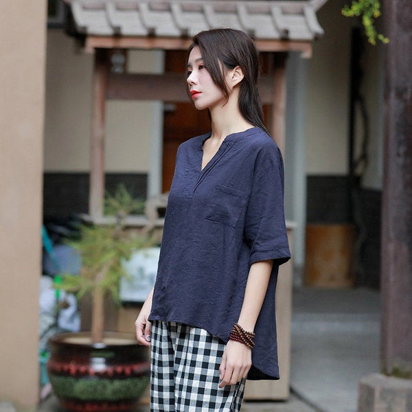 Simple Pure Color Retro Style Women Half Sleeve Linen and Cotton V Neckline T-shirt