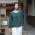 Simple Linen and Cotton Round Neckline Textured Long Sleeved Tops