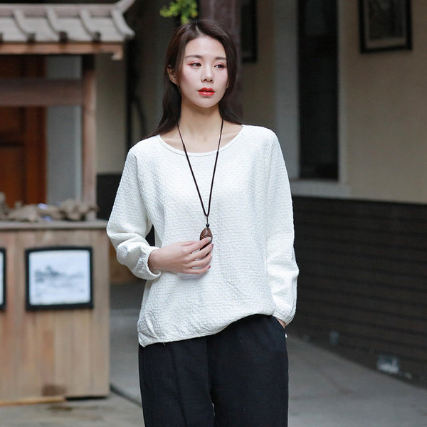 Simple Linen and Cotton Round Neckline Textured Long Sleeved Tops