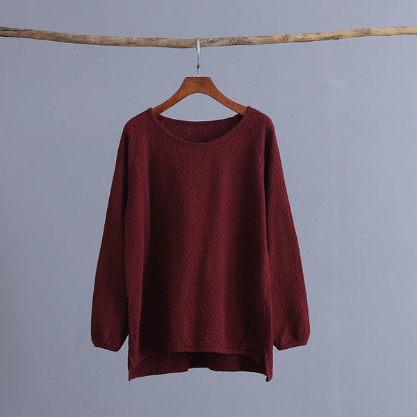 Simple Linen and Cotton Round Neckline Textured Long Sleeved Tops