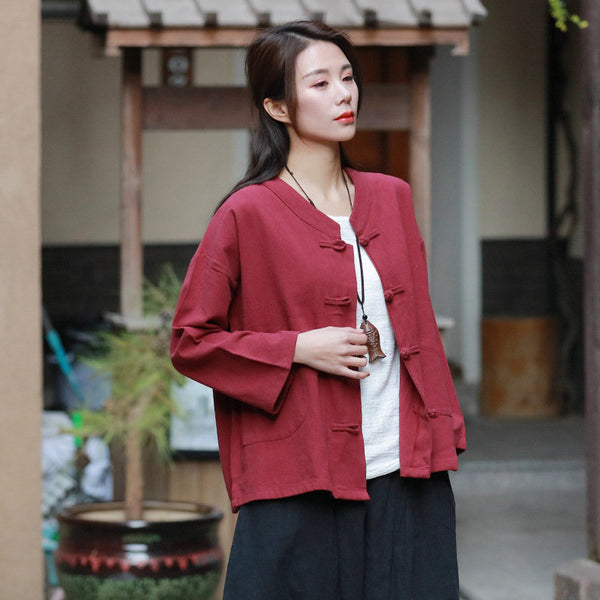 Pure Color New Asian Style Women Long Sleeve Linen Cropped Cardigan Blouses