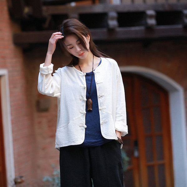 Pure Color Asian Style Women Long Sleeve Linen Cropped Cardigan Blouses