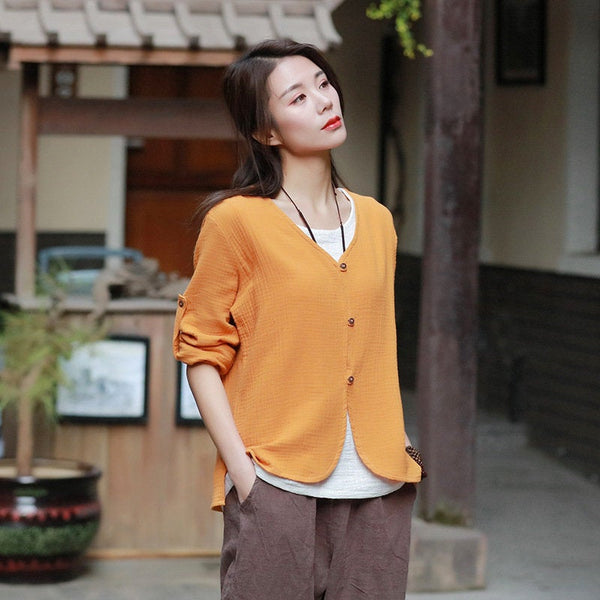 Asian Style Women Long Sleeve Linen and Cotton Cropped Cardigan Blouses