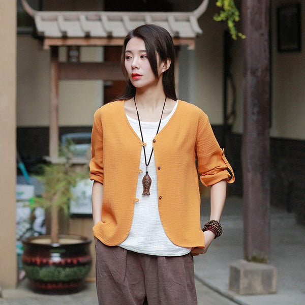 Asian Style Women Long Sleeve Linen and Cotton Cropped Cardigan Blouses