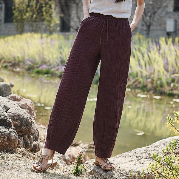 Women Linen and Cotton Retro Loose Style Women Ankle Length Trousers