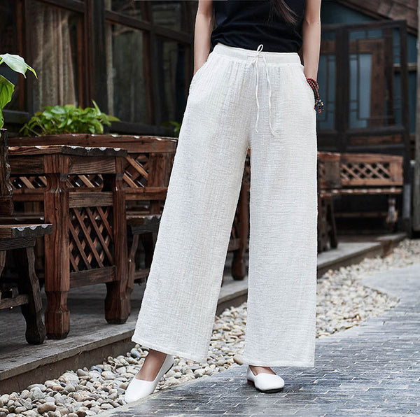 Women Retro Straight Style Linen and Cotton Ankle Length Wide Leg Opening Pants