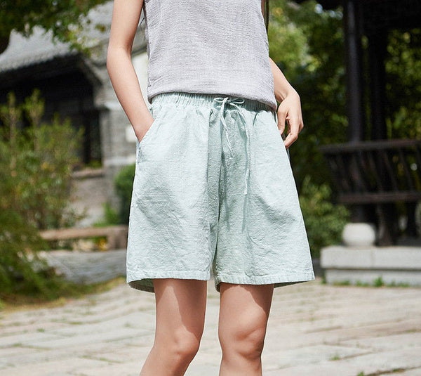 Women Natural Ramie Linen Sand Washed Wide Thigh Opening Shorts