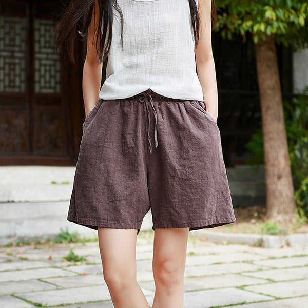 Women Natural Ramie Linen Sand Washed Wide Thigh Opening Shorts