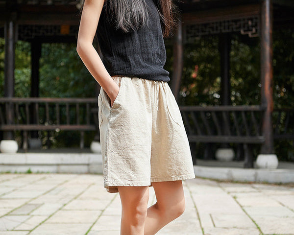 Women Natural Ramie Linen Sand Washed Wide Thigh Opening Shorts