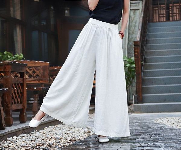 Women Linen and Cotton Sand Washed Yoga Style Wide Leg Opening Pants