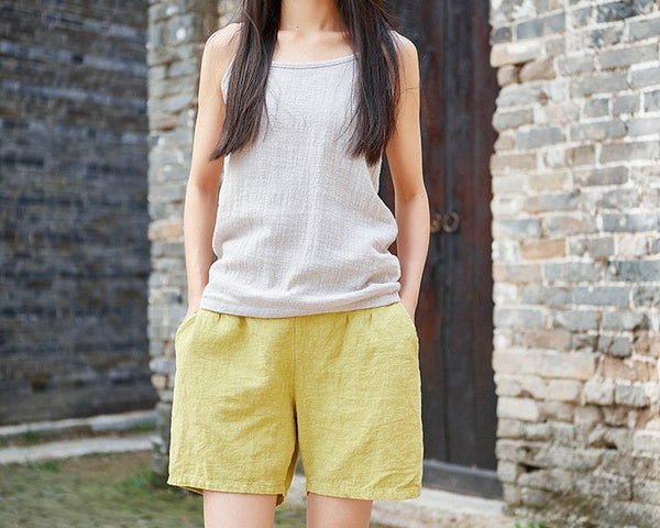 Women Simple Natural Ramie Linen Sand Washed Shorts