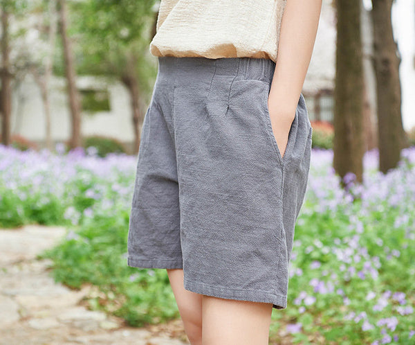 Women Simple Natural Ramie Linen Sand Washed Shorts