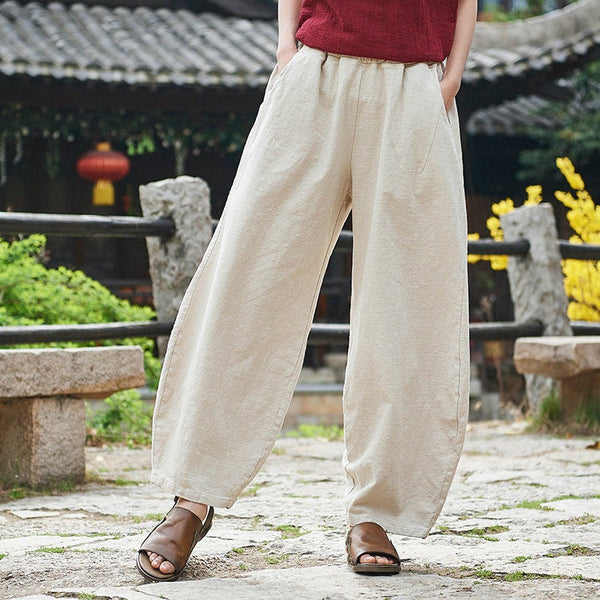 Women Natural Ramie Linen Cotton and Linen Lantern Leisure Pants