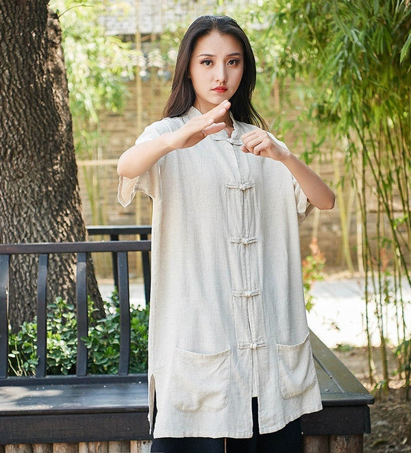 Retro Asian Style Linen and Cotton Women Short Sleeve Cardigan Blouses