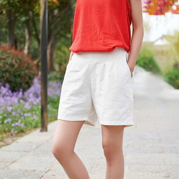 Women Simple Natural Ramie Linen Sand Washed Shorts