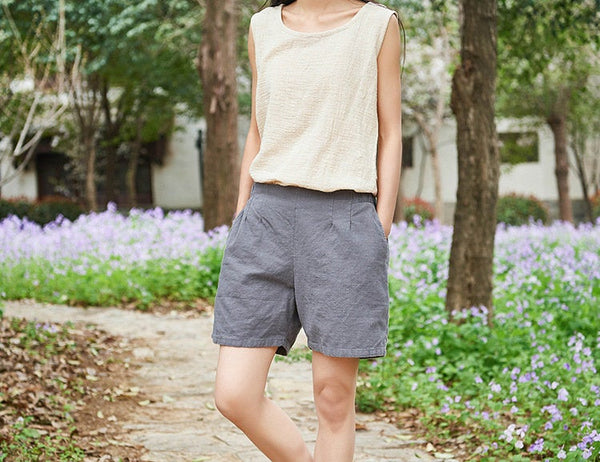 Women Simple Natural Ramie Linen Sand Washed Shorts