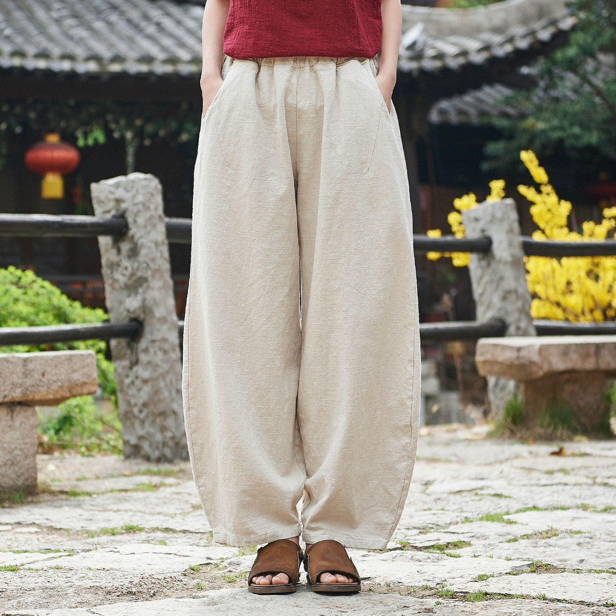 Women Natural Ramie Linen Cotton and Linen Lantern Leisure Pants