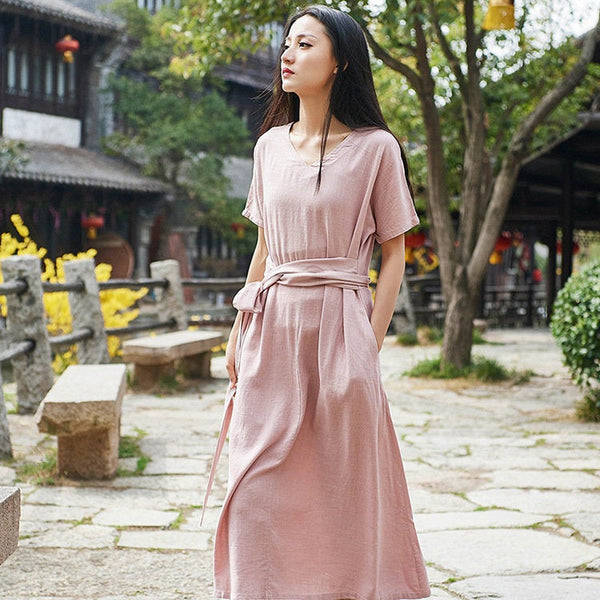 Women Retro Style Causal V-neck Short Sleeve Tea Length Dress