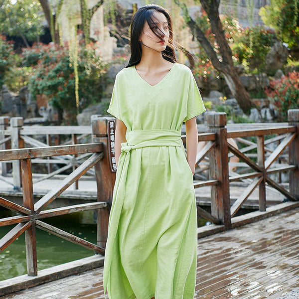 Women Retro Style Causal V-neck Short Sleeve Tea Length Dress