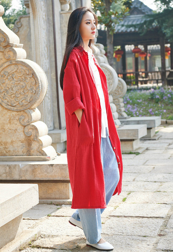 Women Simple Casual Dress Style Linen and Cotton Coat