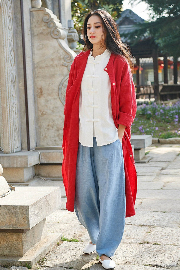 Women Simple Casual Dress Style Linen and Cotton Coat