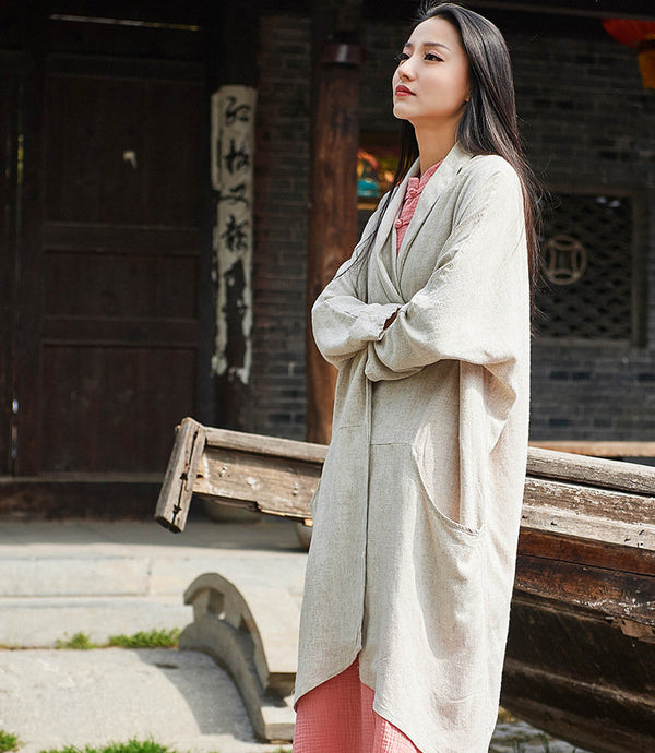 Women Pure Color Simple Linen and Cotton Coat
