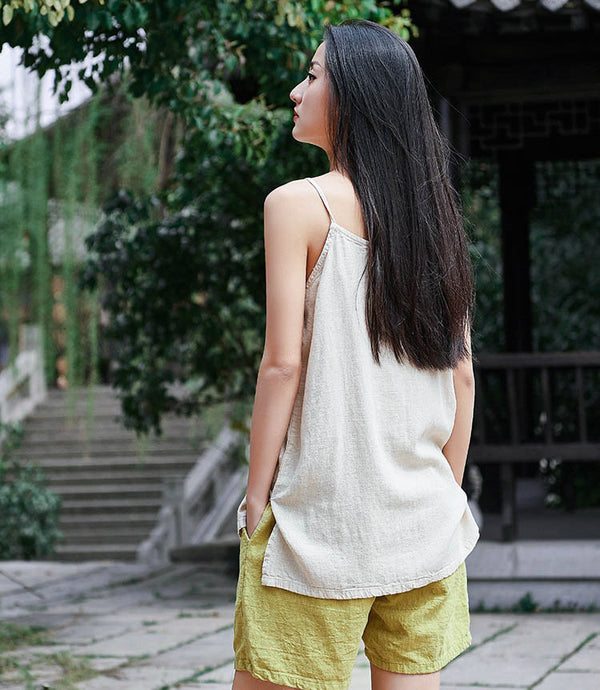 Retro Asian Style Pure Color Women Simple Linen and Cotton Tank