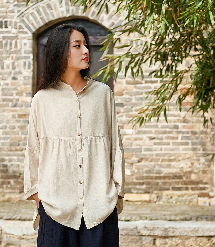 Simple Retro Style Linen and Cotton Loose Cardigan Top – Simple Pure Color Retro Style Women 3/4 Sleeve Linen Cardigan Blouses