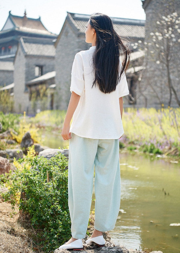 Simple Pure Color Linen and Cotton Women Short Sleeve Cardigan Blouses