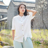 Simple Pure Color Linen and Cotton Women Short Sleeve Cardigan Blouses